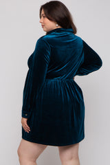 Deep Teal Velvet Button Down Maternity Plus Mini Dress