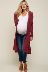 Burgundy Rib Knit Front Button Maternity Cardigan