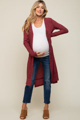 Burgundy Rib Knit Front Button Maternity Cardigan