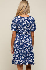 Navy Blue Floral Short Sleeve Maternity Dress