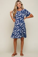 Navy Blue Floral Short Sleeve Maternity Dress