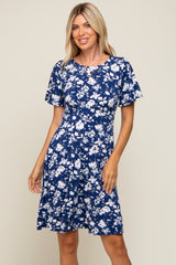 Navy Blue Floral Short Sleeve Maternity Dress