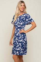 Navy Blue Floral Short Sleeve Dress