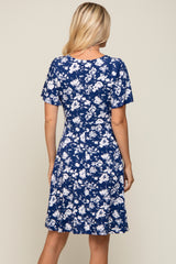 Navy Blue Floral Short Sleeve Dress