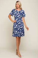 Navy Blue Floral Short Sleeve Dress