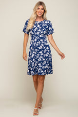 Navy Blue Floral Short Sleeve Dress