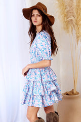 Blue Smocked Floral Tiered Mini Dress