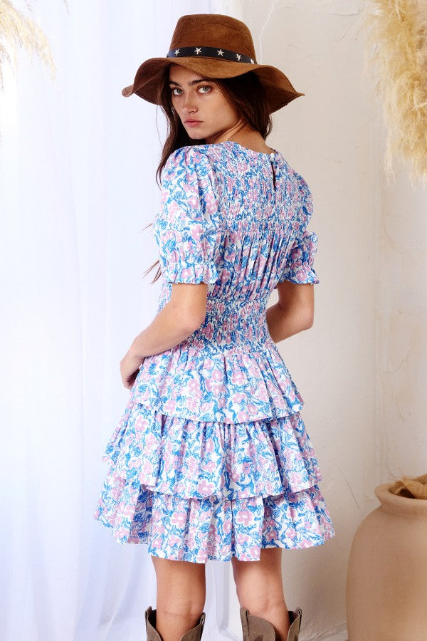 Blue Smocked Floral Tiered Mini Dress