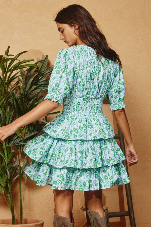 Green Smocked Floral Tiered Mini Dress