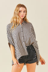 Black Gingham Button Up Collared Boxy Maternity Top