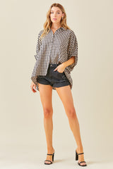 Black Gingham Button Up Collared Boxy Top