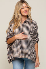 Black Gingham Button Up Collared Boxy Maternity Top