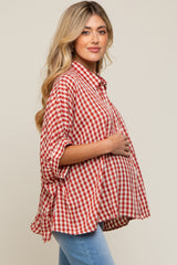 Burgundy Gingham Button Up Collared Boxy Maternity Top