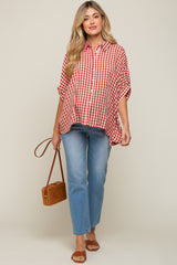 Burgundy Gingham Button Up Collared Boxy Maternity Top