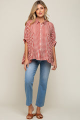 Burgundy Gingham Button Up Collared Boxy Maternity Top