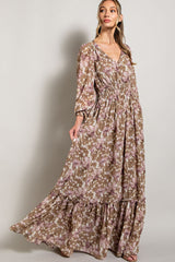 Mocha Floral Chiffon Button Front Smocked Waist Maxi Dress