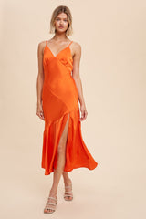 Tangerine Satin V Neck Midi Dress