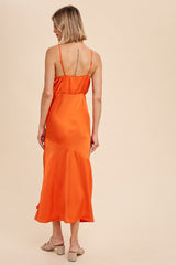Tangerine Satin V Neck Midi Dress