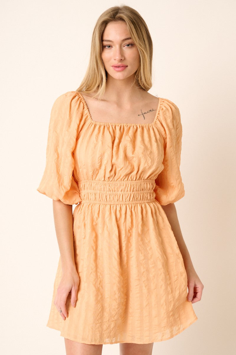 Apricot Stripe Texture Smock Open Back Mini Dress