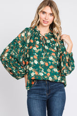 Forest Green Floral Ruffle Accent Top