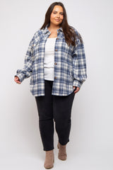 Navy Blue Flannel Plaid Button Up Plus Shacket