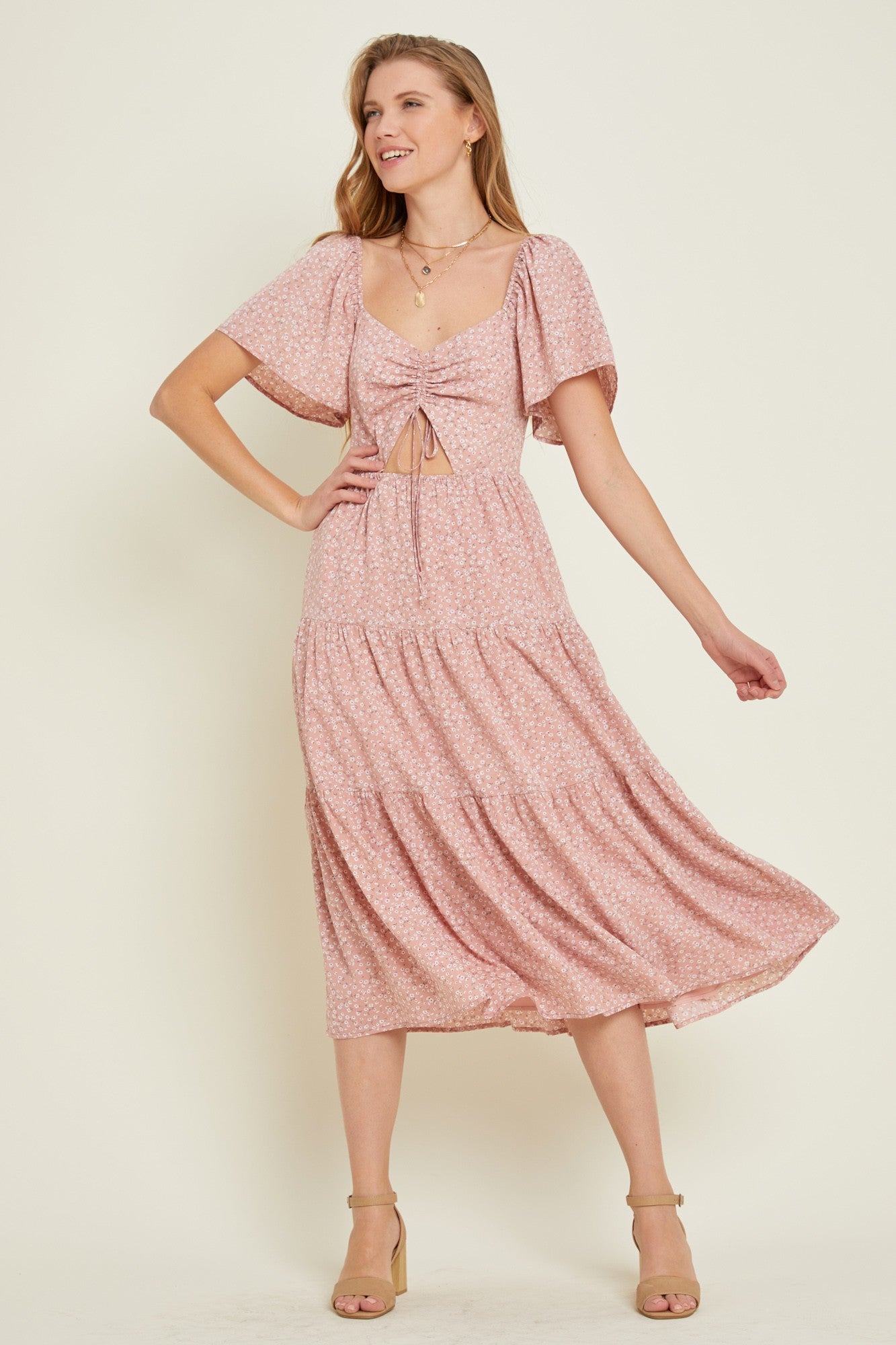 Dusty Rose Ditsy Floral Tiered Ruffle Midi Dress