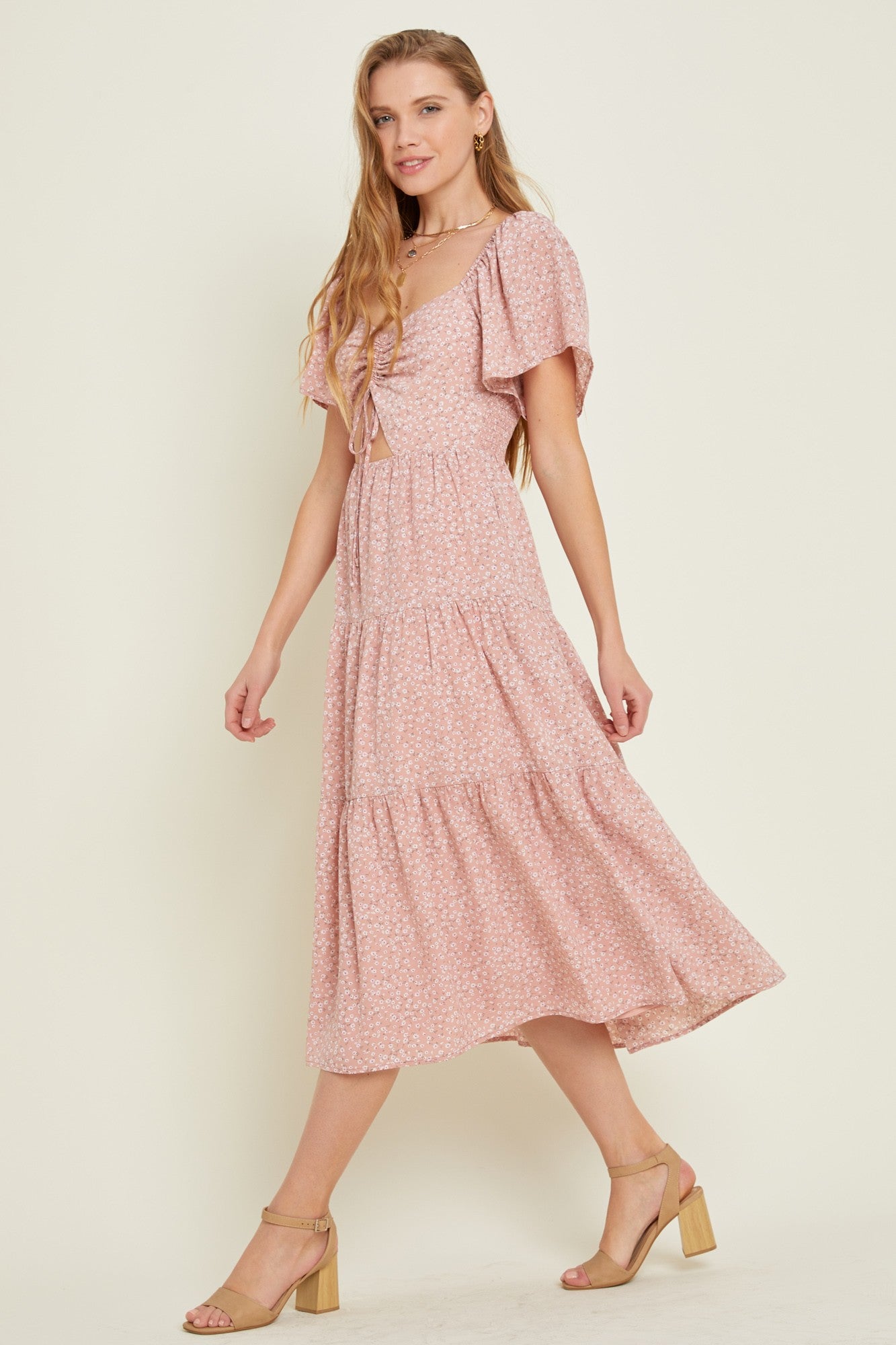Dusty Rose Ditsy Floral Tiered Ruffle Midi Dress