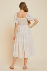 Off White Ditsy Floral Tiered Ruffle Midi Dress