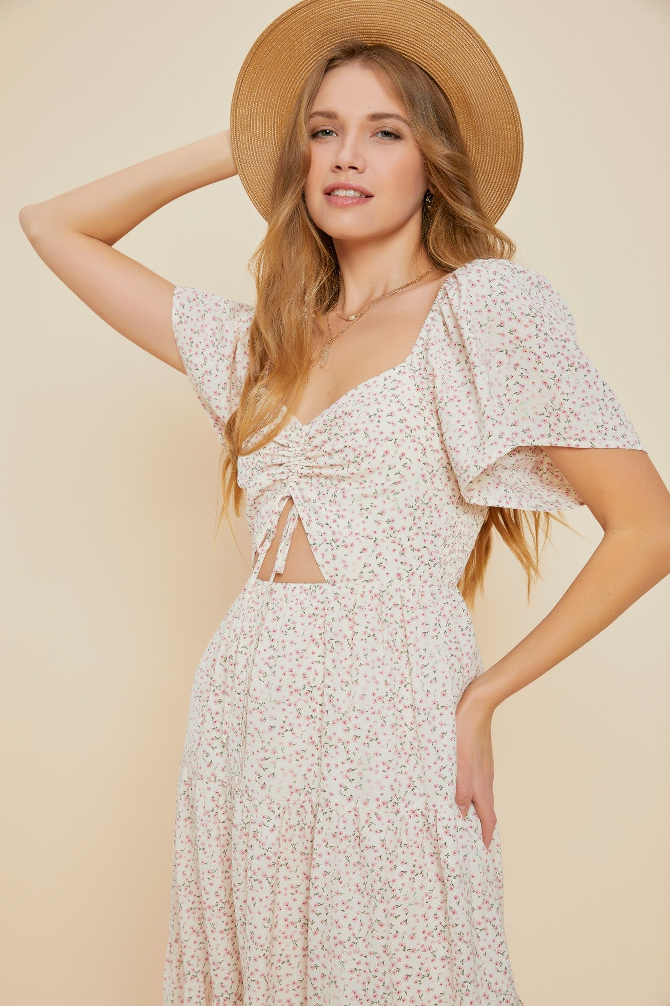 Off White Ditsy Floral Tiered Ruffle Midi Dress