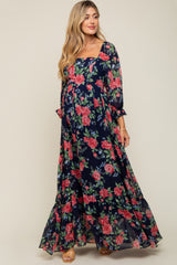 Navy Blue Floral Chiffon Square Neck 3/4 Ruffle Sleeve Maternity Maxi Dress