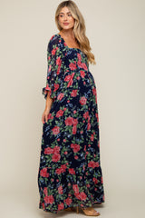 Navy Blue Floral Chiffon Square Neck 3/4 Ruffle Sleeve Maternity Maxi Dress