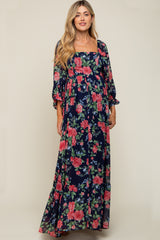 Navy Blue Floral Chiffon Square Neck 3/4 Ruffle Sleeve Maternity Maxi Dress