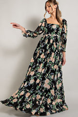 Black Floral Chiffon Square Neck 3/4 Ruffle Sleeve Maternity Maxi Dress