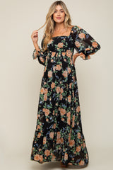 Black Floral Chiffon Square Neck 3/4 Ruffle Sleeve Maternity Maxi Dress