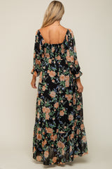 Black Floral Chiffon Square Neck 3/4 Ruffle Sleeve Maternity Maxi Dress