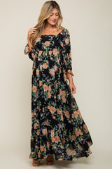 Black Floral Chiffon Square Neck 3/4 Ruffle Sleeve Maternity Maxi Dress