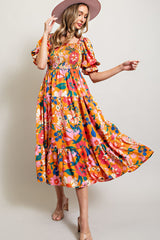 Orange Floral Satin Smocked Short Sleeve Maternity Midi Dress