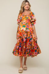 Orange Floral Satin Smocked Short Sleeve Maternity Midi Dress