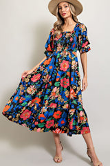 Black Floral Satin Smocked Short Sleeve Maternity Midi Dress