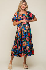 Black Floral Satin Smocked Short Sleeve Maternity Midi Dress