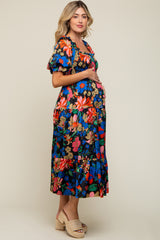 Black Floral Satin Smocked Short Sleeve Maternity Midi Dress