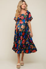 Black Floral Satin Smocked Short Sleeve Maternity Midi Dress