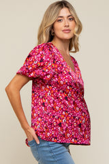 Magenta Animal Print Puff Sleeve Maternity Top