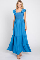 Blue Smocked Ruffle Off Shoulder Tiered Maternity Maxi Dress