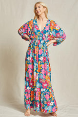 Teal Retro Floral V-Neck Ruffle Knit Maternity Maxi Dress