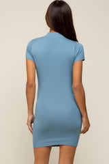 Blue Knit Mock Neck Fitted Maternity Dress