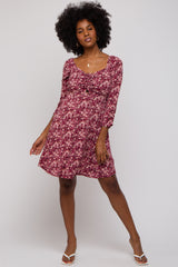 Burgundy Floral Ruched Long Sleeve Dress