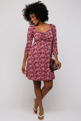 Burgundy Floral Ruched Long Sleeve Dress