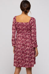 Burgundy Floral Ruched Long Sleeve Maternity Dress