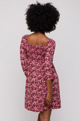 Burgundy Floral Ruched Long Sleeve Dress